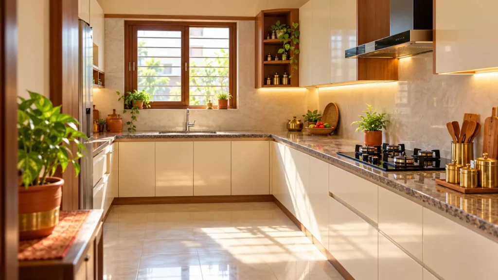 Kitchen vastu guide — a bright modern Indian kitchen with the hob on the south-east counter
