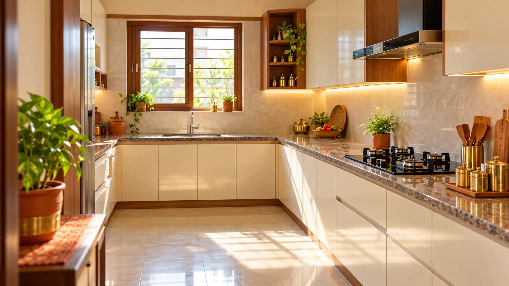 Kitchen vastu guide — a bright modern Indian kitchen with the hob on the south-east counter