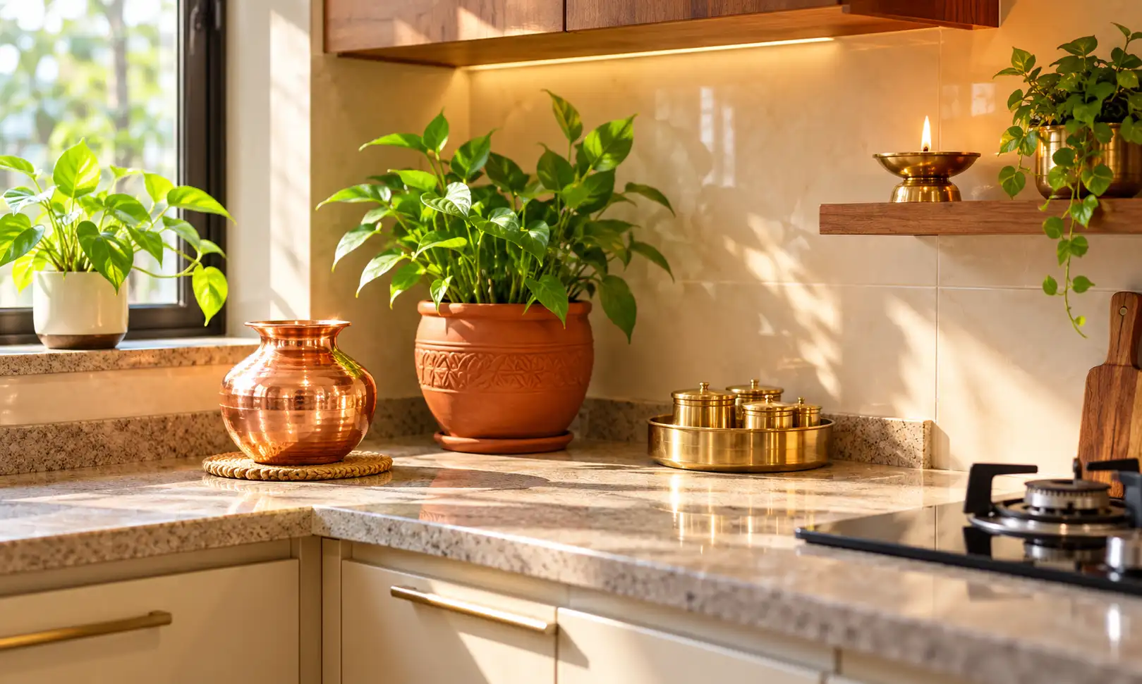 Kitchen vastu remedies — copper water vessel, plant and brass diya in a tidy kitchen corner