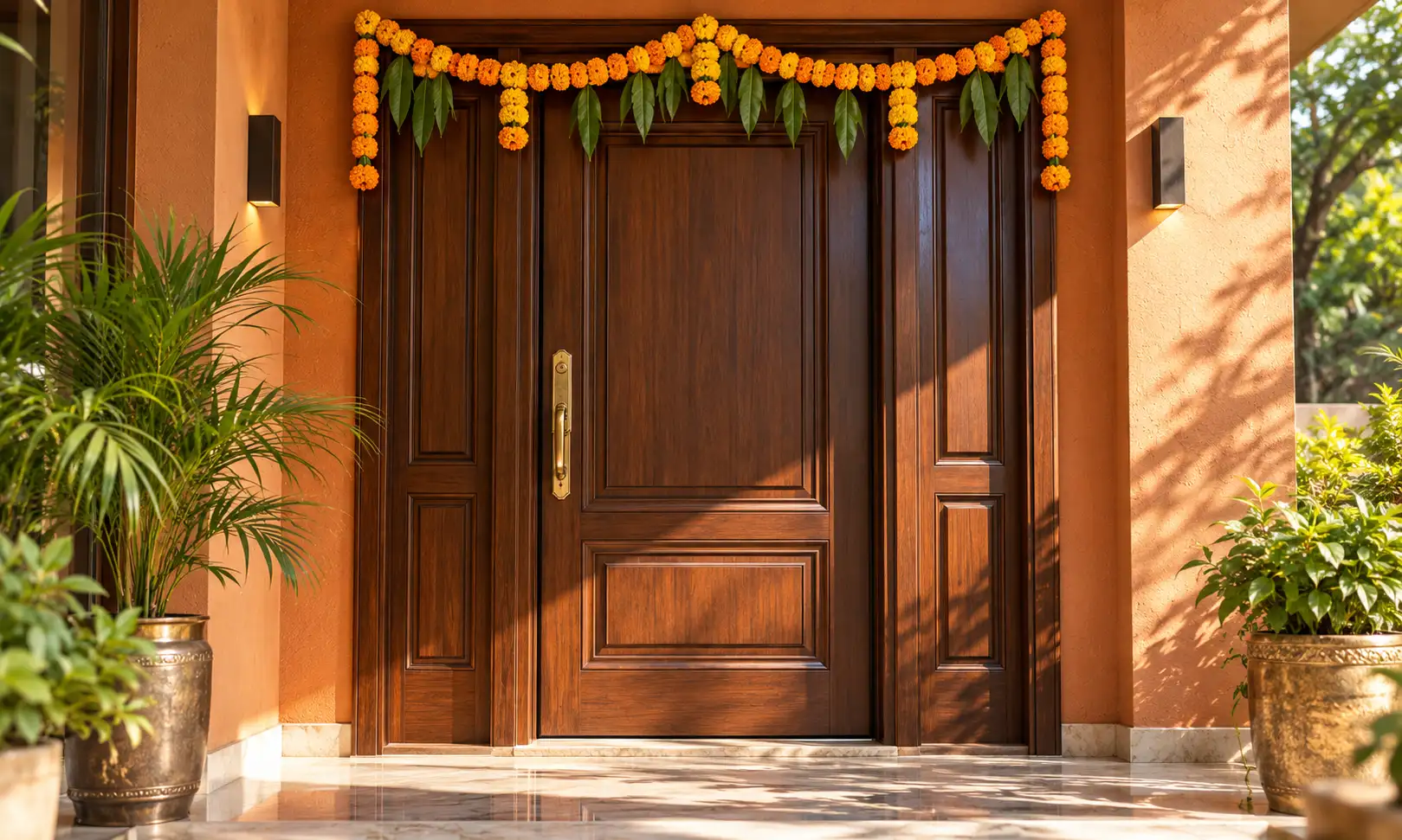 South facing house main door pada — wooden main door with a marigold toran in afternoon sun