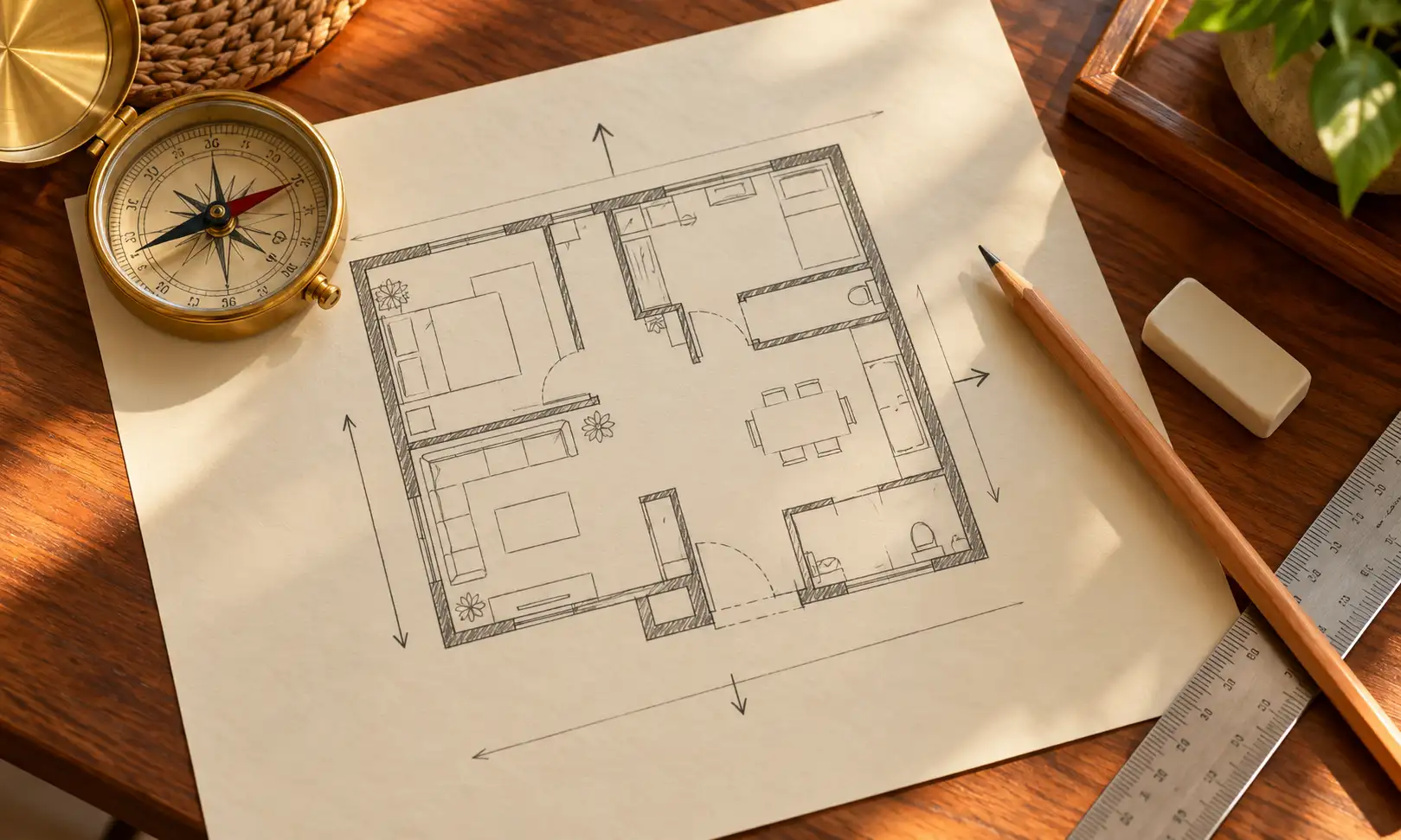 South facing house room placement — hand-drawn layout sketch with a brass compass