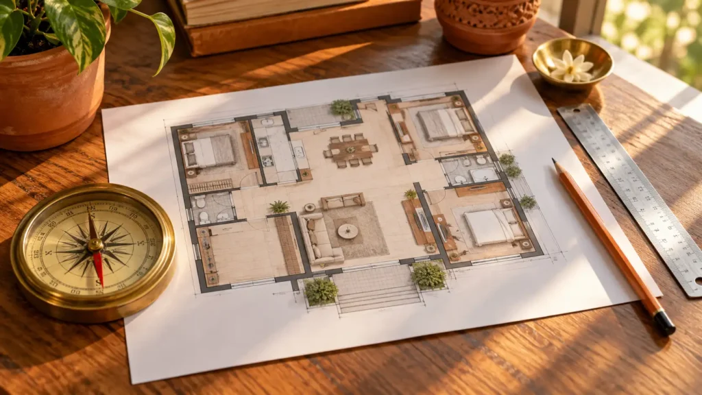 South facing house vastu plan — floor plan with a brass Vastu compass pointing south