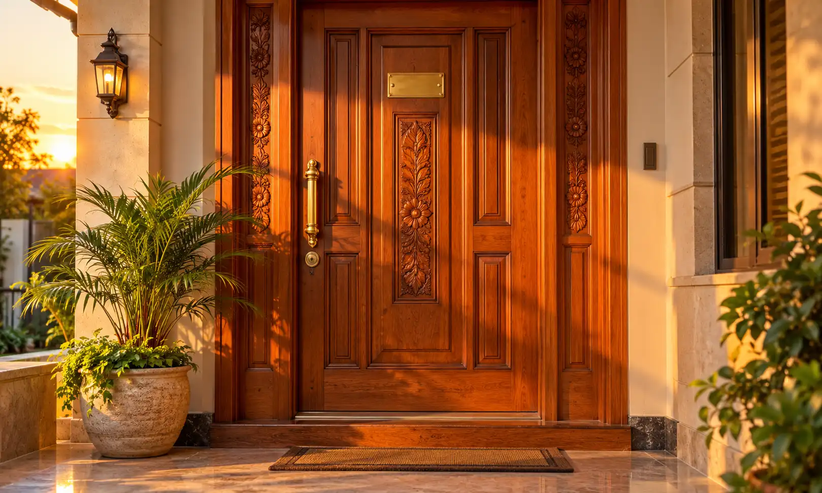 West facing house main door pada — solid wooden main door with a brass nameplate in warm evening light