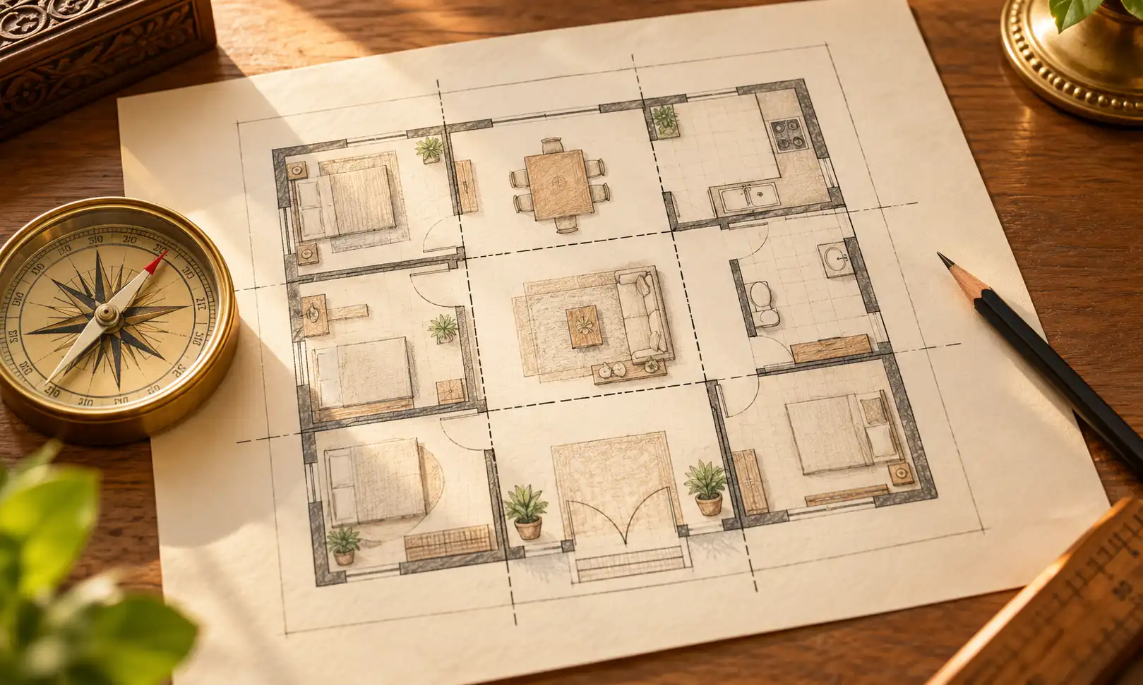 West facing house room placement — hand-drawn floor plan sketch with a brass compass and pencil