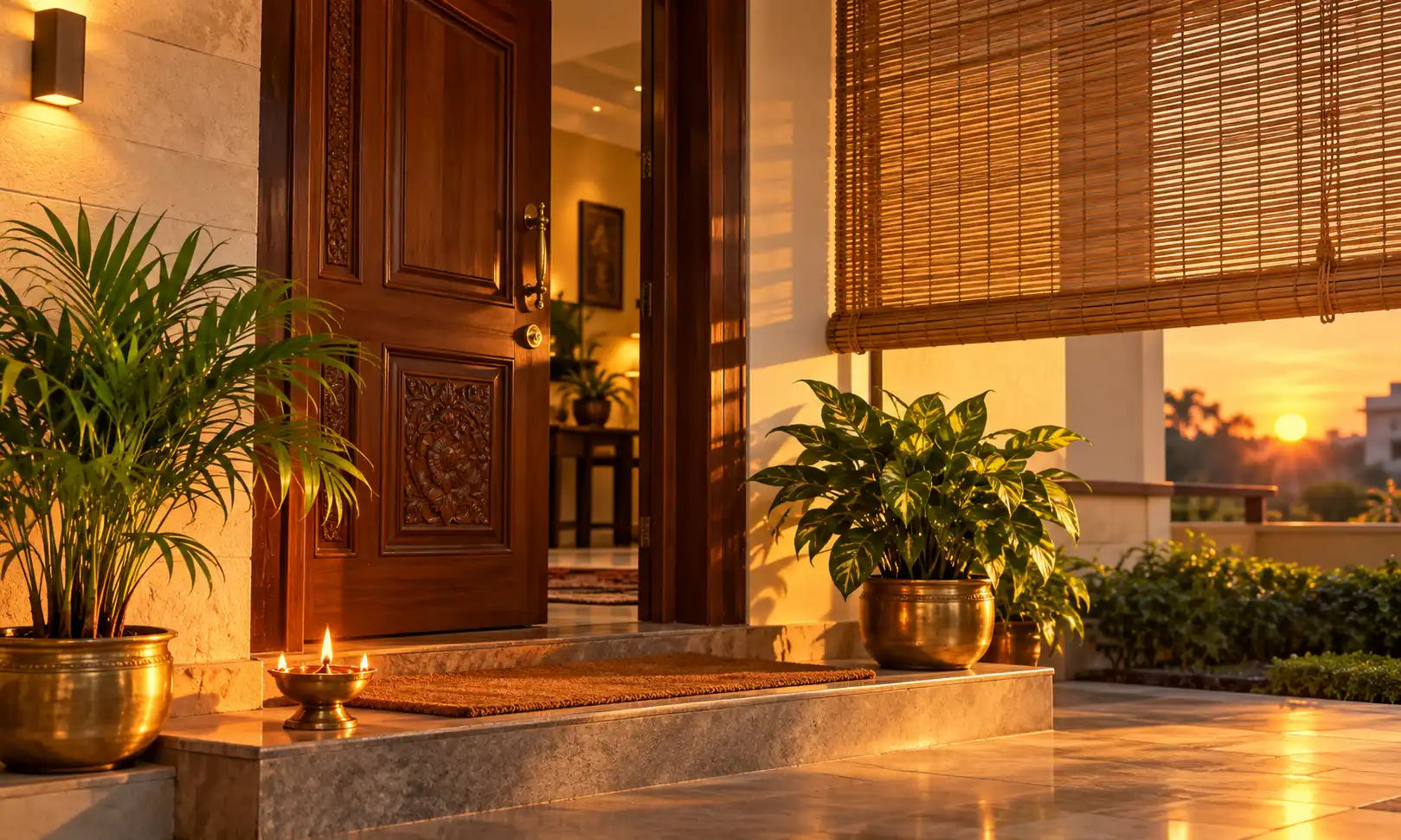 West facing house vastu remedies — potted plants and a brass diya at a shaded home entrance in evening light